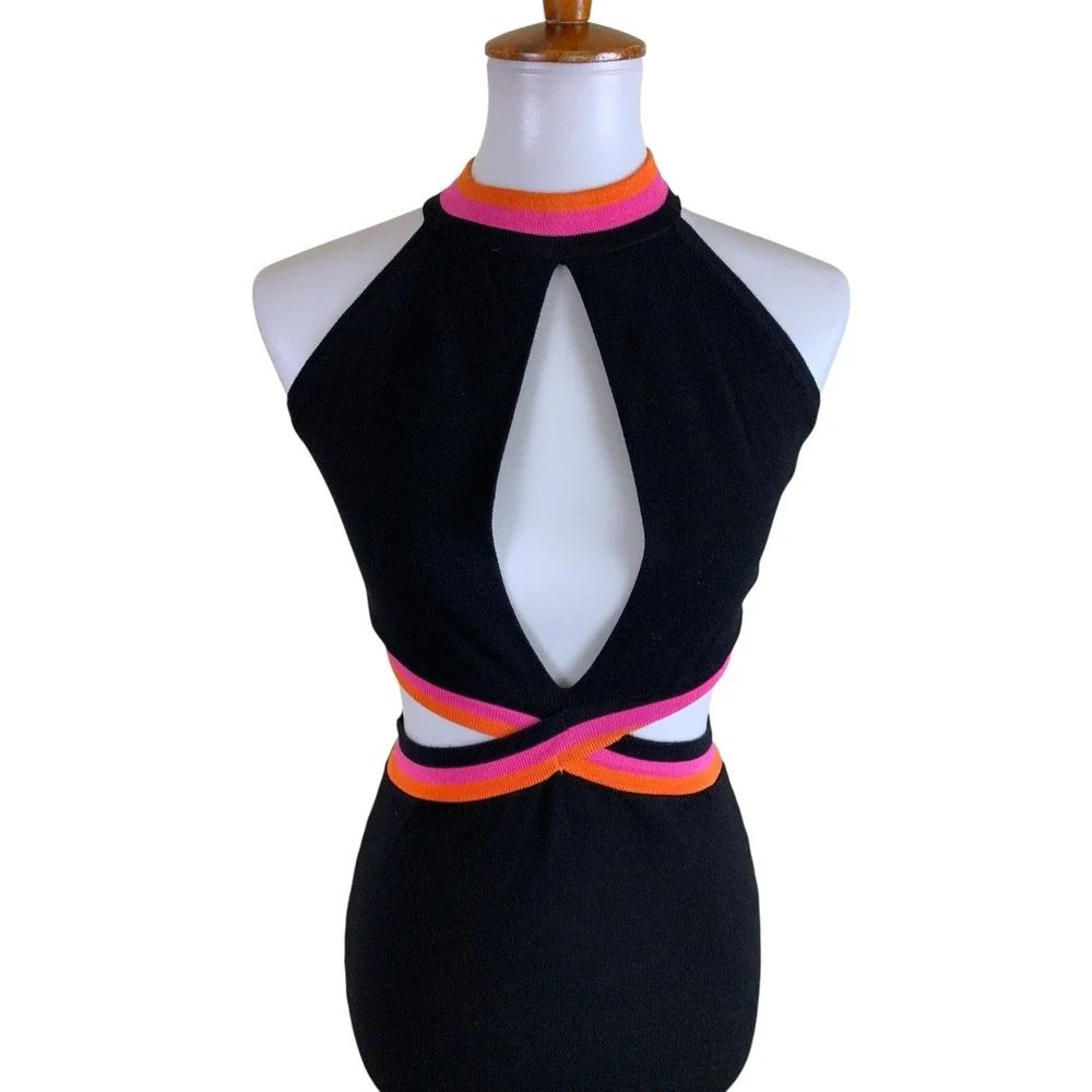 Seven Wonders Black Cutout Midi Dress Neon Trim‎ Bodycon Halter S